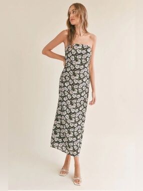 Sadie & Sage Black Cottage-Core Daisy Side Slit Strapless Maxi Dress Size Small